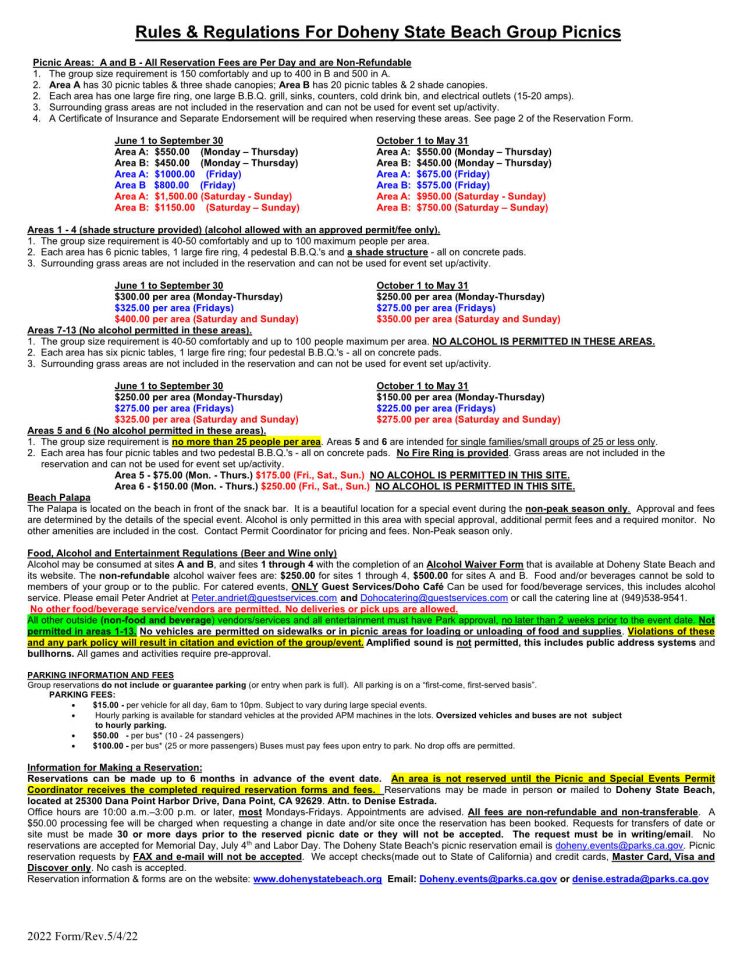 Rules & Regulations for Doheny State Beach Group Picnics Doheny State